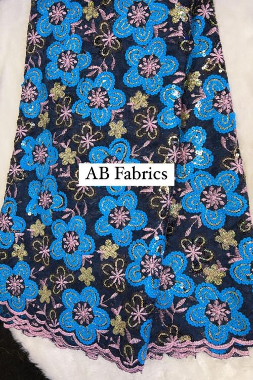 Women’s Fabrics – Flowered Net Lace Designed with Sequins – Blue