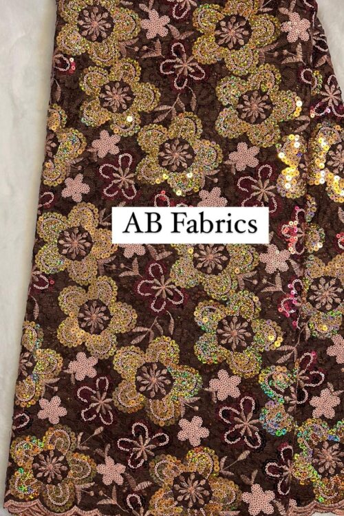 Women’s Fabrics – Flowered Net Lace Designed with Sequins – Brown