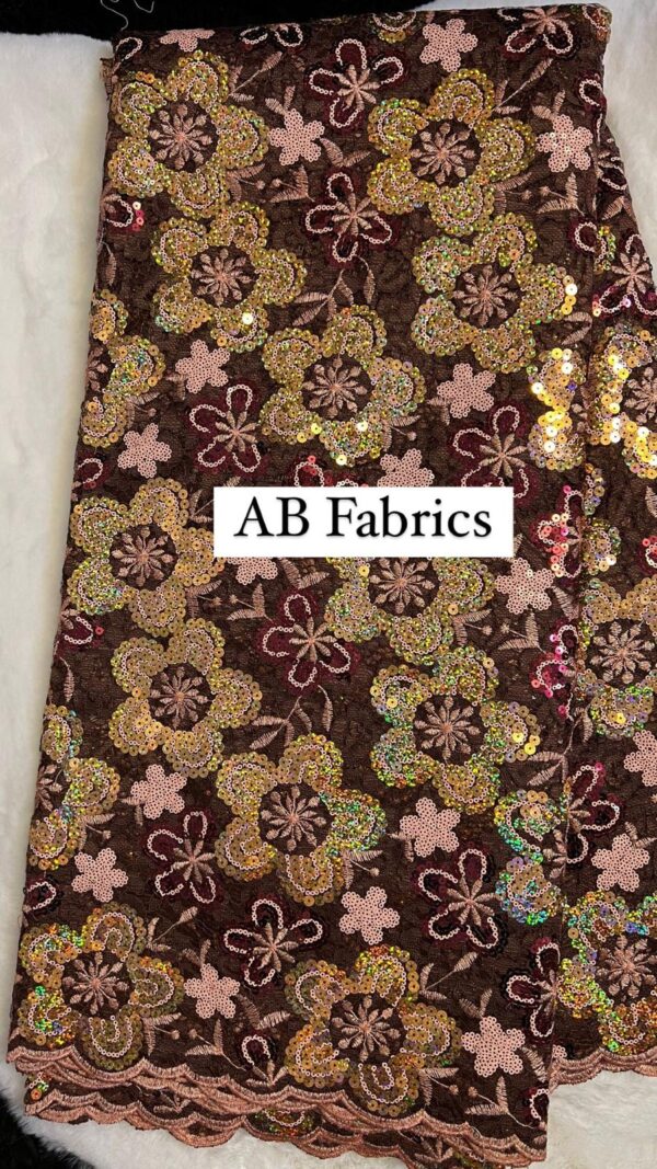 Women’s Fabrics, Flowered Net Lace Designed with Sequins - Brown