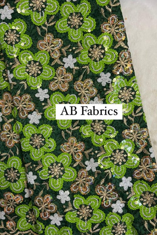 Women’s Fabrics – Flowered Net Lace Designed with Sequins – Green