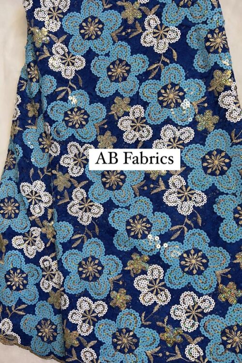 Women’s Fabrics – Flowered Net Lace Designed with Sequins – Sky Blue